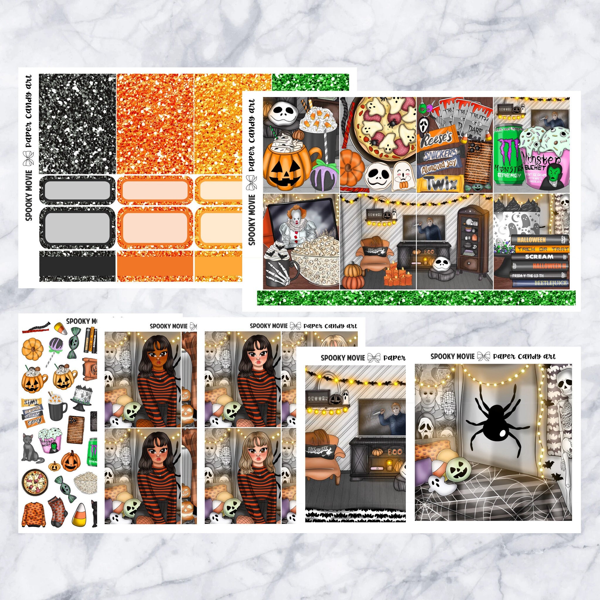 ADD-ONS Spooky Movie // Planner Stickers // double box, glitter headers, full boxes, deco, fashion girls